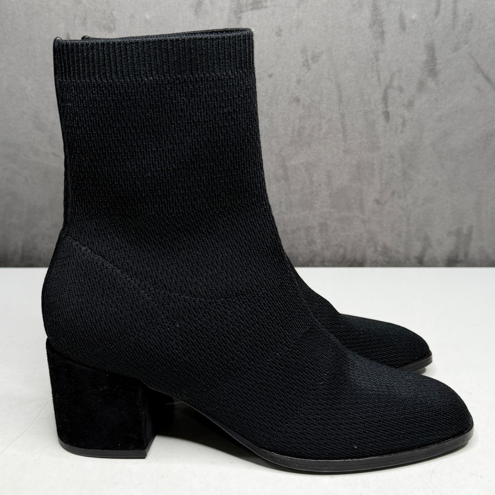 Eileen Fisher Sock Ankle Boots Womens 8 Black Stretch Knit Square Toe Block Heel